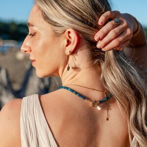 Blue Apatite Gemstone Necklace Gold Toggle Clasp Removable Baroque Pearl